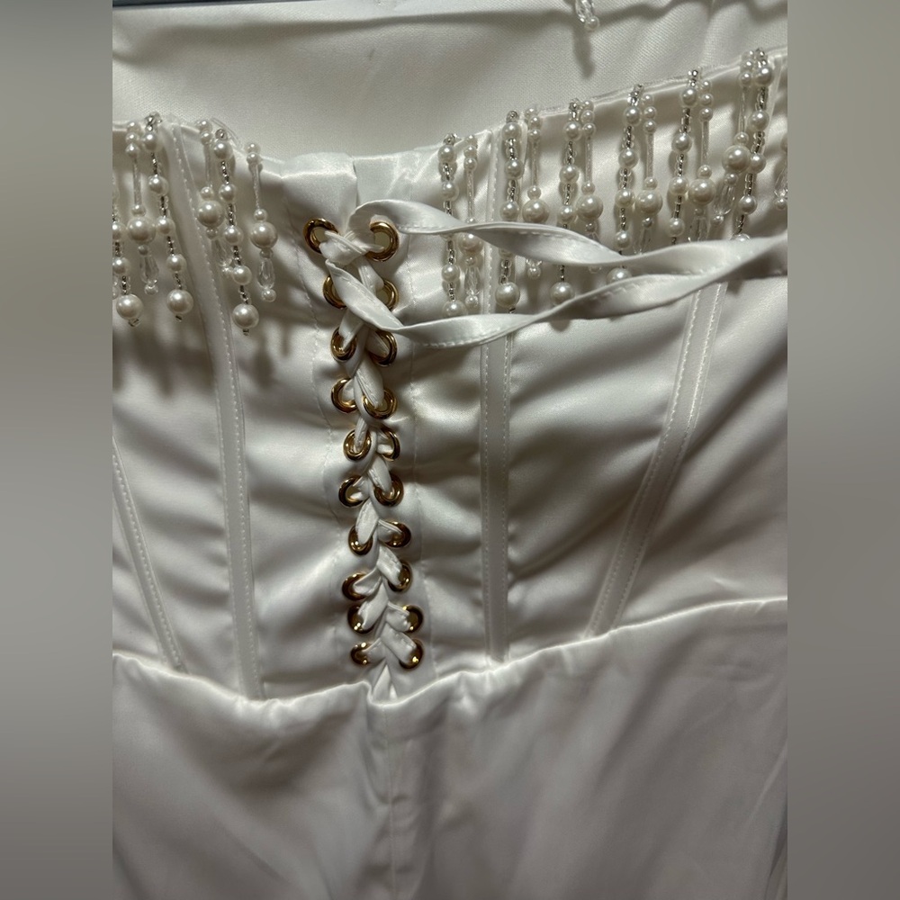 Pearl embellished strapless corset white midi dress side zip back tie sz s - Picture 3 of 10